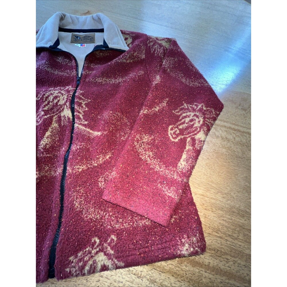 Bear Ridge Outfitters Red Fleece Blanket Jacket Horse Pattern Made In USA Size M - Picture 4 of 10